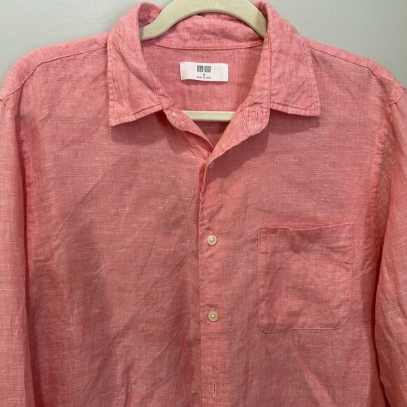 Uniqlo Linen Shirt Men Medium Collar Long Sleeve Button Preppy Pink Vacation - Picture 2 of 5
